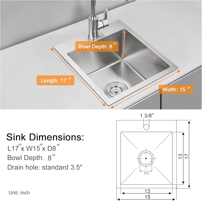 ROVATE 15 x 17 x 8 inch Drop in Bar or Kitchen Sink Single Bowl, Small Kitchen Sink Topmount, 304 Stainless Steel Bar Sinks Overmount Handmade with Basket Strainer