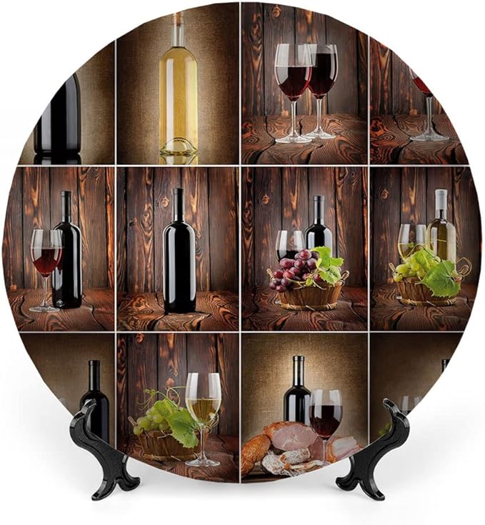 Ceramic Plates, Wine Decorative Ceramic Plates, Wine Themed Collage on Wooden Backdrop with Grapes and, 6 Inch, Household Plates Decorative, Brown Black Red