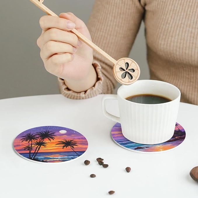 Sunset Beach Coasters for Drinks with Holder Round Leather Coasters Set of 6 Cups Mugs Mat Pad for Home Kitchen Bar