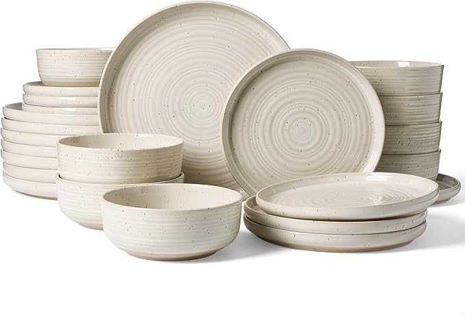 Stoneware Dinnerware Set, Highly Chip and Scratch Resistant Everyday Plates and Bowls for 8 (24pcs), Reactive Glaze Speckled Ceramic Flared Dishes with Gift Box, Microwave Dishwasher Safe, Shell Beige