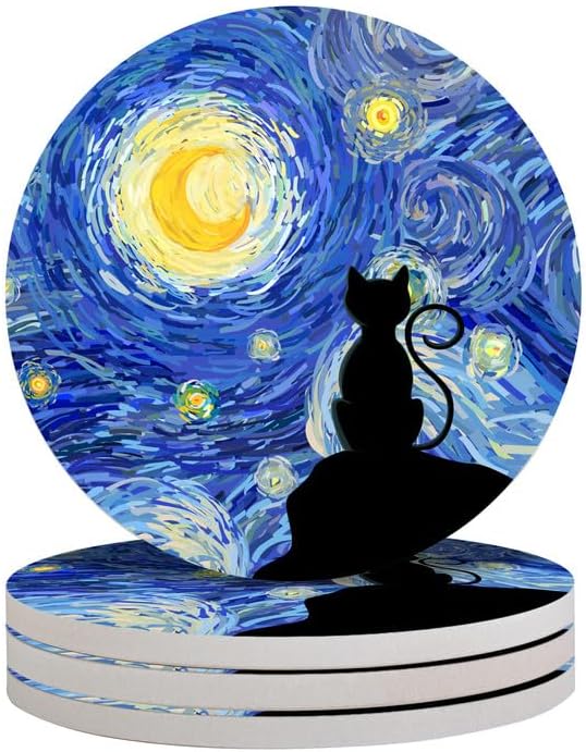 4-Piece Round Absorbent Ceramic Coaster Set with Cork Base – Durable Drink Coasters for Mugs, Cups, and Tabletop Protection (Starry Night Cat)