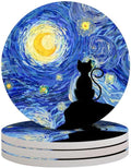 4-Piece Round Absorbent Ceramic Coaster Set with Cork Base – Durable Drink Coasters for Mugs, Cups, and Tabletop Protection (Starry Night Cat)