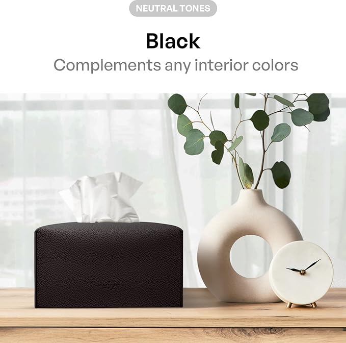 Carrotez Tissue Box Cover, [Refined] Modern PU Leather Rectangular Tissue Box Holder - Decorative Holder/Organizer for Bathroom Vanity Countertop, Night Stands, Office Desk 9.5"X5"X5" - Black