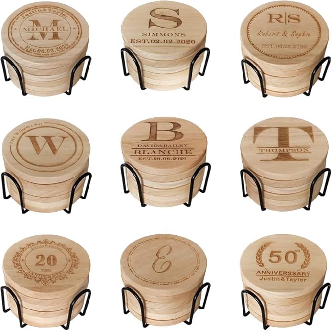 Personalized Wooden Coasters for Drinks - Custom Engraved, Monogram Design - Great Gifts for Relatives, Friends or Yourself (S, Set of 6)