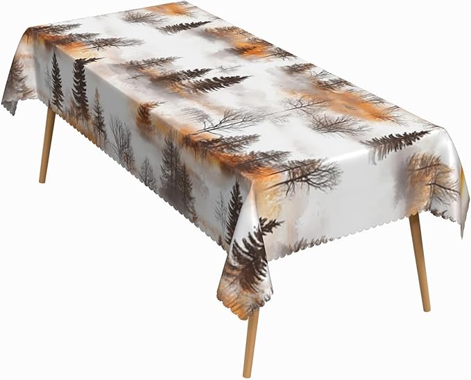 52x70 Inch Nature Rectangle Tablecloth Watercolor Autumn Forest Misty Pine Tree Sunrise Table Cloth Waterproof Reusable Table Cover for Dining Home Kitchen Thanksgiving Picnic BBQ