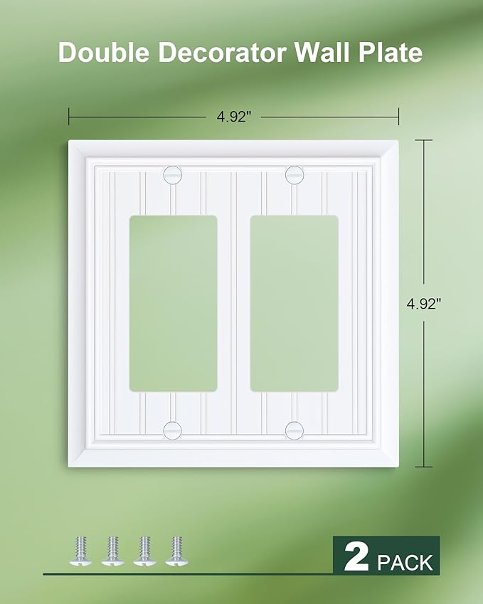 2-Pack Classic Beadboard Decorative Double Decorator Outlet Cover Plate, Pure White Durable Natural Bamboo Fiber Wall Plates for Electrical Outlets, Receptacle, GFCI Outlet, Dimmer Switch, 2-Gang