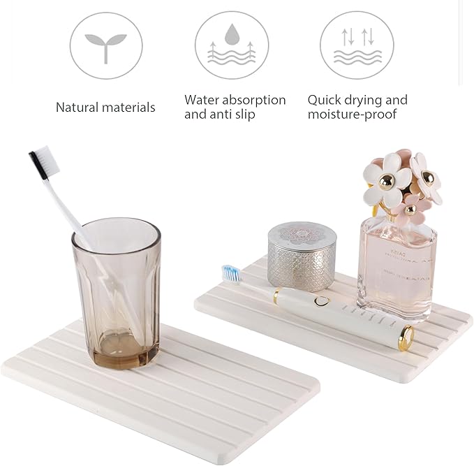 2 PCS Water Absorbent Diatomite Coasters (9.5" x 5.5"), Grooved Design, Water Absorbing Stone Used for Hand Soaps & Plants & toiletries in The Modern Home