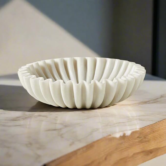 White Marble Scalloped Bowl 9 Inches for Table Centrepiece, Marble Fluted Bowl for Home Decor, Natural Stone Fruit Tray, Jewellery Display Dish