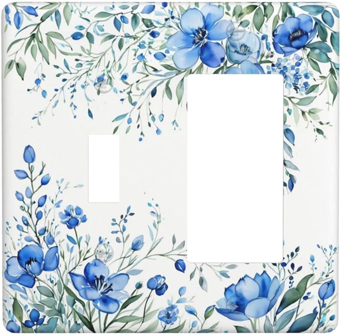 Light Switch Cover Blue Watercolor Flowers Retro Floral Leaves 2 Gang Toggle Rocker Combo Socket Cover Wall Plates Decorative Switch Plates and Outlet Covers for Bathroom Bedroom Decor