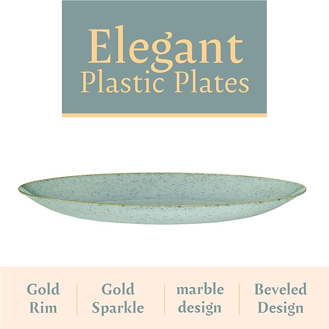 PLASTICPRO 30 Pack Disposable Plastic Plates Heavyweight Granite Look Elegant 10 inch Dinner Plates Green with Gold Rim