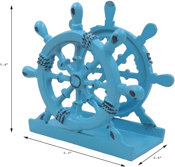 THDC Nautical Napkin Holder, Lunch, Dinner, Nautical Collection Napkin Holder, Made of Metal (Wheel Distressed Blue)