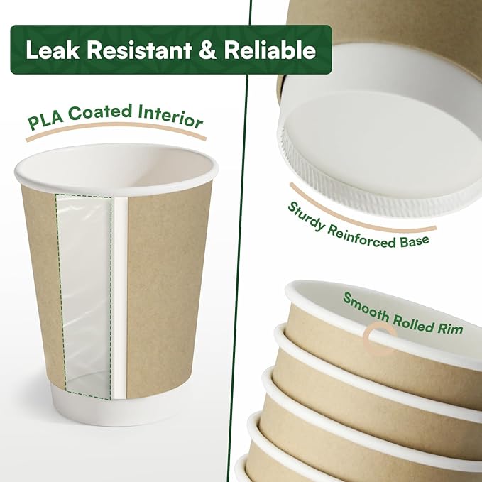 12 oz Hot Cups Compostable Coffee Cups -120 Pack Double Wall Paper Cups, BPI Certified PLA Coated Compostable Cups, Natural Kraft To-go Disposable Coffee Cups for Office Coffee Bar To Go Travel