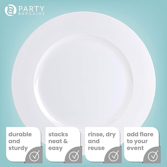 PARTY BARGAINS 13-Inch Charger Plates - 4 Pack, White, Heavy-Duty Disposable Chargers for Elegant Dining - Ideal for Weddings and Formal Events
