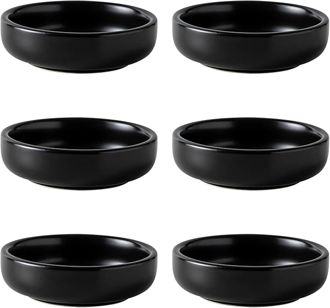Dipping Bowls Set, Ceramic Dipping Sauce Dishes, 2 oz Soy Sauce Dish, Side Dish Bowls, Small Bowl/Dish for BBQ, Condiments, Appetizer, Dessert, Sushi, Set of 6 (Black)
