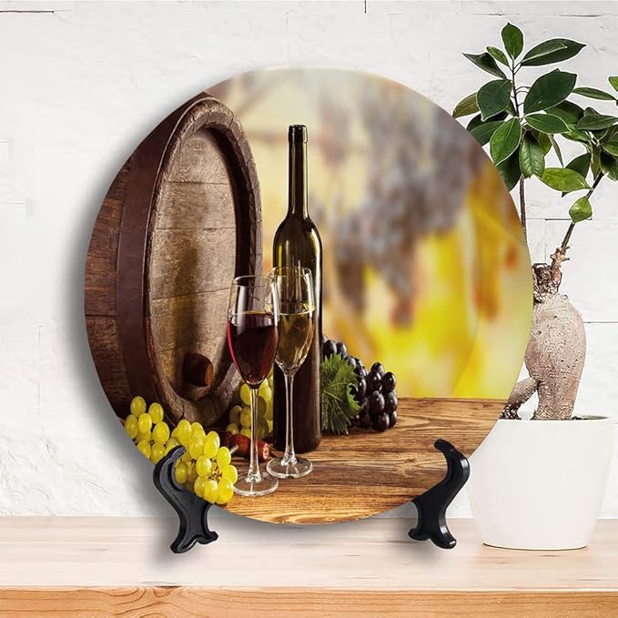 Ceramic Display Plate, Wine Ceramic Hanging Decorative Plate, Red and White Wine Bottle Glass on Wooden, 8 Inch, Living Room Kitchen Decoration Household, Brown Light Green Yellow