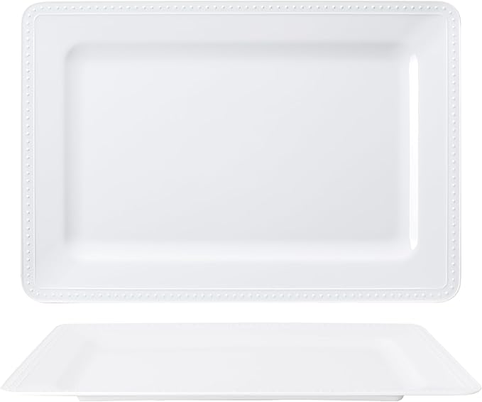 Melamine Beaded Serving Platters for Appetizer, Veggie, Charcuterie,Dessert, Set of 4, White Serving Trays for Party & Entertaining, Large Unbreakable Rectangular Party Platters, Dishes