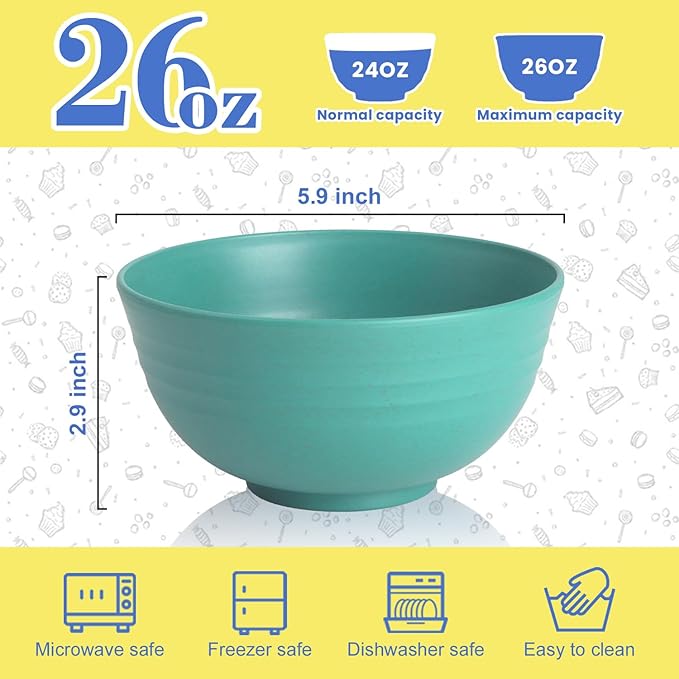 Wheat Straw Bowls Set of 6, 26 OZ Unbreakable Cereal Bowls for Family Meals, Reusable Dishes for Soup, Salad, Snacks, Microwave and Dishwasher Safe, for Kitchen, Camping, RV, Green