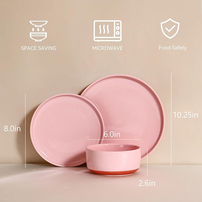 GZG Modern Art Series - 6 Pcs Speckled Stoneware Plates and Bowls Sets, Ceramic Dinnerware Set with Rustic Terracotta Underside, Microwave and Dishwasher Safe Handcrafted Dishes Set - Blush Pink
