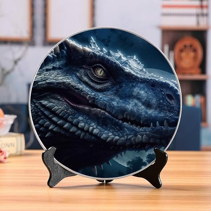 Dinosaur Night Sky Stars 10-inch Ceramic Decorative Plate Suitable for Living Room, Kitchen & Office, with Stand & Wall Mount Option DP-287991294
