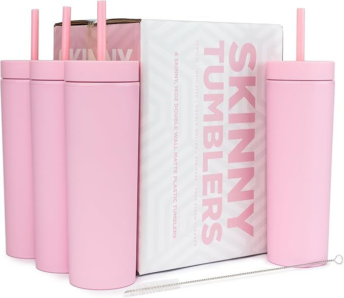 STRATA CUPS Pink Skinny Tumblers with Lids and Straws (4 pack) - 16oz Matte Pastel Colored Acrylic Tumblers with Lids and Straws, Double Wall Skinny Tumbler Bulk, Reusable Cup with Straw Cleaner