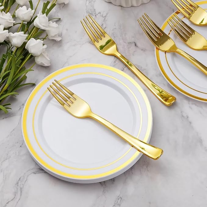 Goodluck 120PCS 7" Gold Dessert Plastic Plates with 7.4" Forks, Gold Appetizer Plates for 60 Guests, Including 60 Disposable Cake Plastic Plates and 60 Forks for Wedding/Birthday/Christmas Party