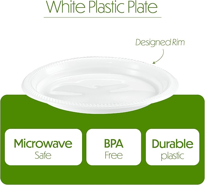 PLASTICPRO 100 PCS White Plastic Round 9 Inch Plastic plates Premium Quality Light Weight Disposable Dishes Dinner Plates for Parties Weddings