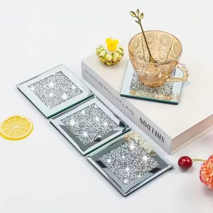 Crushed Diamond Crystal Glass Mirrored Square Coasters Set of 4 Glittering Bling Silver TRENDZY ® Drink Wine Coasters for Home Kitchen Bar & Restaurant Home Decor Birthday Wedding (Square)
