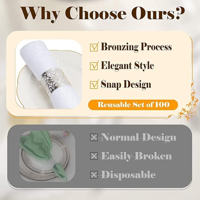 150PCS Premium Napkin Rings Laser Cut Foil Paper Napkin Holder for Wedding Party Dinner Table Decor,Special Events and Catering Services (Silver)