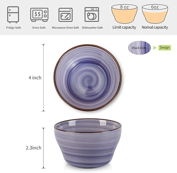 Selamica Ceramic 8oz Bouillon Cups 4 Inch Small Dessert Bowls for Soup Dipping Sauce Coffee Cupping, Microwave Dishwasher Safe, Set of 6, Gradient Color
