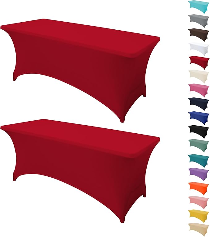 2Pack 6FT Table Cloth for Rectangular Fitted Events Stretch Red Table Covers Washable Spandex Tablecloth Protector for Party, Wedding, Cocktail, Banquet, Festival