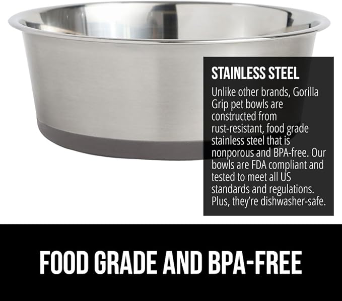 GORILLA GRIP Dog Bowls, Holds 4 Cups Each (32 fl oz), Heavy Duty Stainless Steel Food and Water Bowl for Feeding Dogs and Cats, Dishwasher Safe, Rust Resistant, BPA Free Rubber Base, Set of 2 Gray