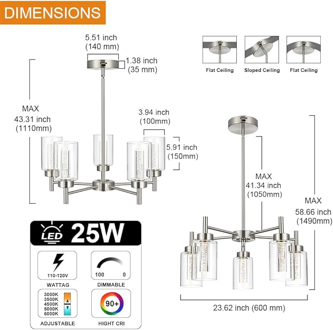 VINLUZ LED 5 Light Modern Chandeliers for Dining Room,Brushed Nickel Finish Hanging Lighting Fixture with Crystal Bubble Clear Glass Shade Kitchen Island for Hanging