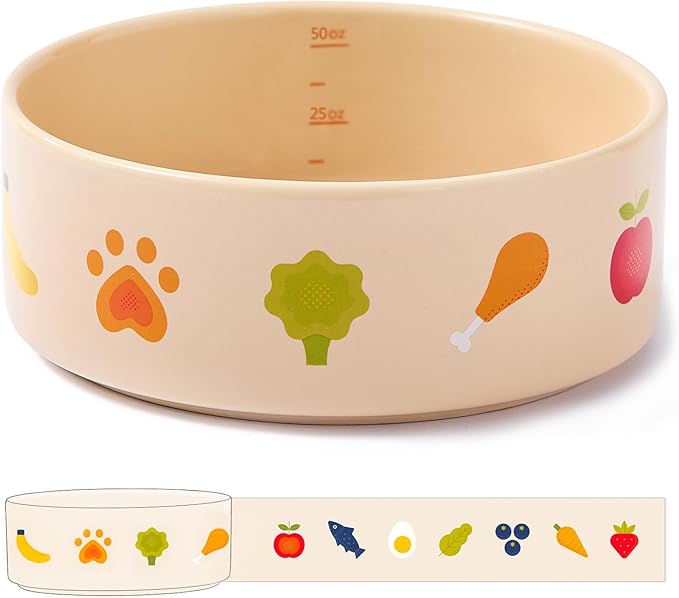 Ceramic Dog Bowl with Non-Slip Ring - 6.5 Cups, Heavy-Duty Stoneware Bowl, Pet Feeding, Microwave and Dishwasher Safe-NomNom-L (Single Bowl)