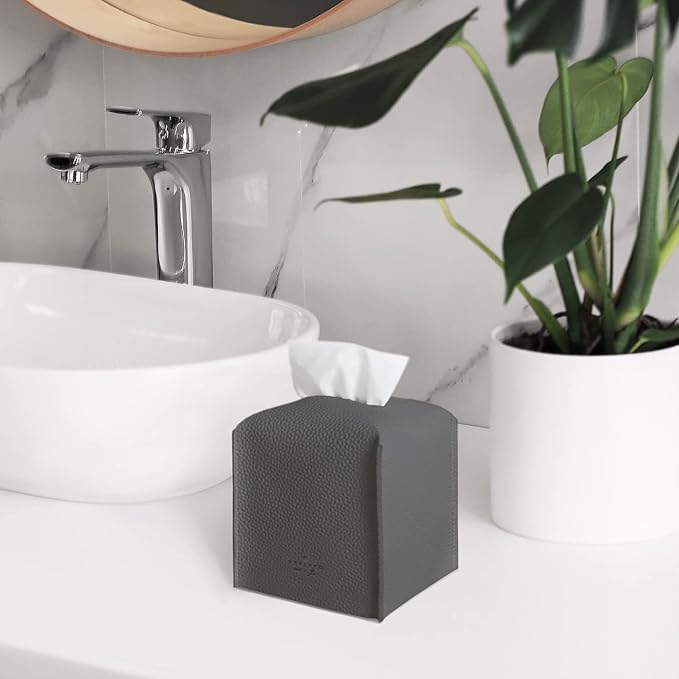 Carrotez Tissue Box Cover, [Refined] Modern PU Leather Square Tissue Box Holder - Decorative Holder/Organizer for Bathroom Vanity Countertop, Night Stands, Office Desk & Car 5"X5"X5" - Charcoal