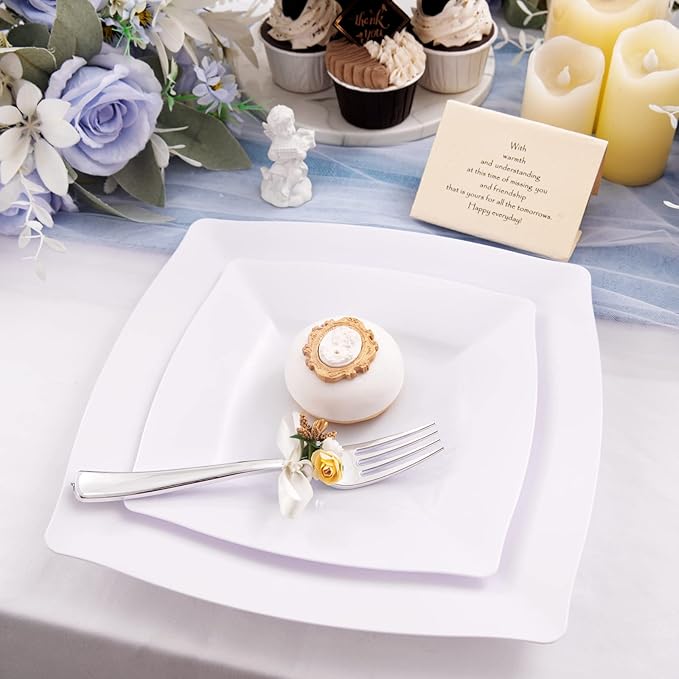 Morejoy 60 Pcs White Square Plastic Plates - White Disposable Dinner Plates 10.5" - Premium Appetizer Plate - Dessert/Salad Plate 9“ for Wedding & Birthday & Party