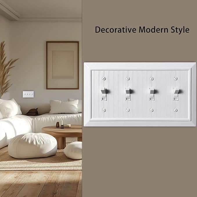 Beadboard Outlet Covers Wall Plates, Bamboo Fiber Light Switch Covers, Natural Material Electric Receptacle Decorative Switch Plate Outlet Cover (Pure White, 4 Gang Toggle 1 Pack)