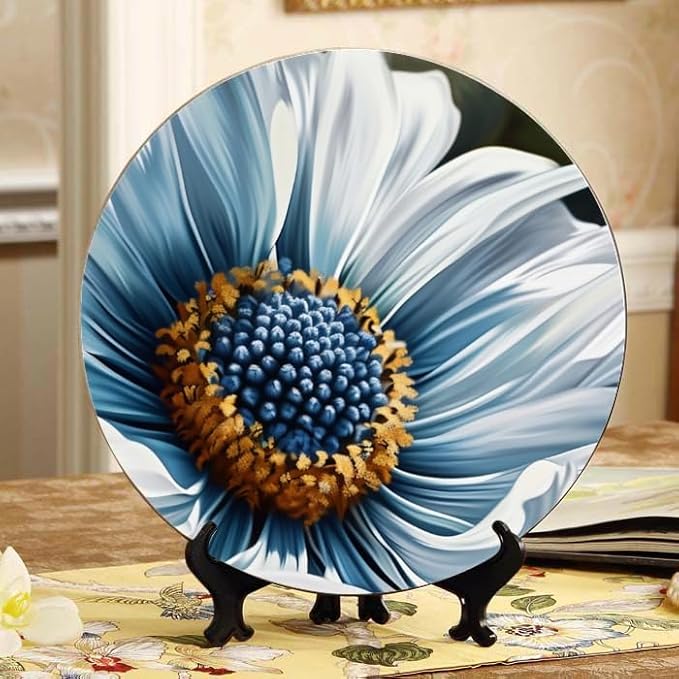 Decorative Ceramic Plates with Display Stand Graphic White Daisy 10'' Ideal for Table Display and Wall Hanging DP-654739726