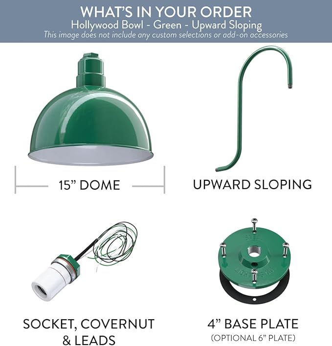 Steel Lighting Co. Hollywood Bowl Light | Outdoor Wall Mounted | 15 inch Bowl Dome | Upslope Gooseneck | Barn Light Made in America | Green Exterior/White Interior