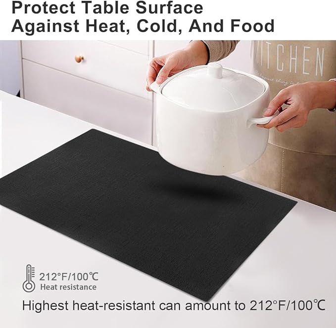 Leather Heat Resistant Placemats Set of 6 Waterproof Wipeable Washable PU Table Mats,Easy to Clean Anti-Slip Place Mats (Black, 6)