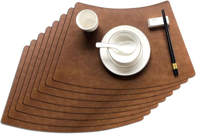 Leather Round Table Washable Placemats, Thick Faux Leather Heat Resistant Wedge Table Placemat, Waterproof Non-Slip Easy to Clean Place mat for Kitchen Coffee Dining Room Table Set of 14