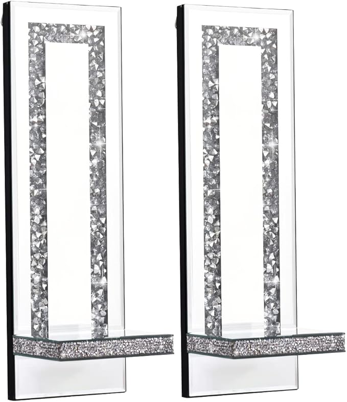 Crystal Crush Diamond Mirrored Candle Sconces, Silver Wall Candle Holder Set of 2, Wall Decorations for Living Room，Dining Room (Rectangle Stripe (Style 4))