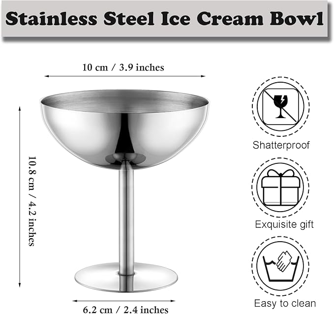 Ice Cream Bowls Stainless Steel Dessert Cups with Spoons Reusable Footed Sundae Cups Ice Cream Cups for Dessert, Frozen Yogurt, Gelato, Birthday Party Decorations (1, Silve)