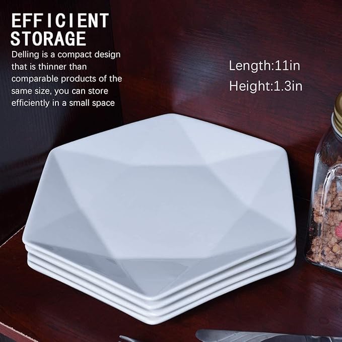 DELLING 11'' White Dinner Plates Set, Star - Geometric Serving platter, Dessert/Salad Plates for Meat, Appetizer, Dessert, Sushi, Party, Micorwave, Oven, adn Dishwasher Safe, Set of 4
