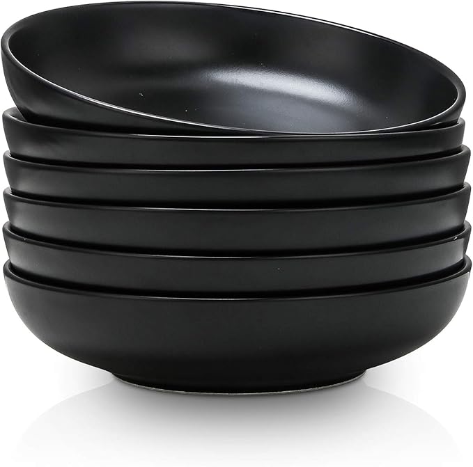 Selamica Ceramic 7.8 inch pasta bowls, 26 Ounce large serving porcelain salad soup bowls, dishwasher microwave safe, set of 6 (Black)