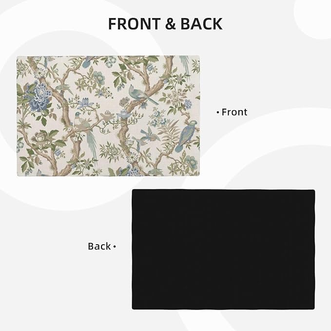 Chinoiserie Spring Placemats Set of 4, 12x18 Inch Blue Green Floral Bird Table Mats Summer Vintage Flowers Holiday Decorative Table Placemats for Party Home Kitchen Dining Table Decoration
