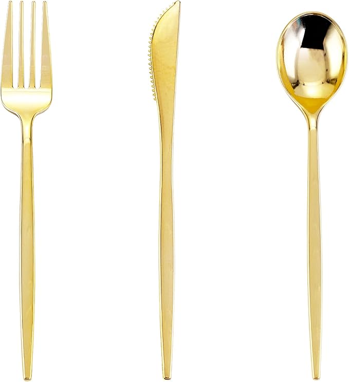 PULOTE 150PCS Gold Plastic Silverware Disposable - Heavy Duty Gold Plastic Cutlery - Gold Plastic Utensils Set Include 50 Knives,50 Forks,50 Spoons for Party&Wedding