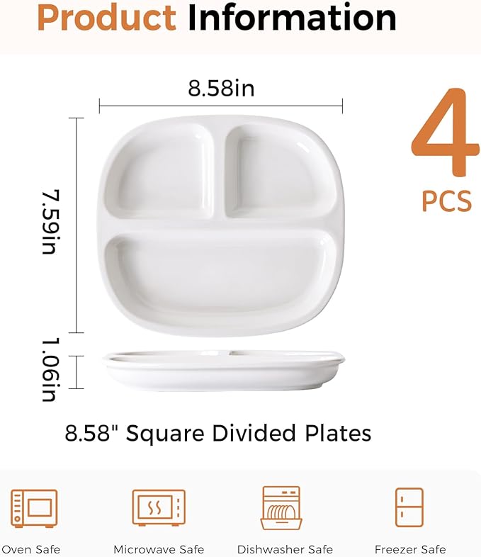 8.58" Square Ceramic Divided Plates - 4 Pack, Portion Control Plate for Rational Eating, White Dinner Plates, 3 Compartment Dinner Diet Plates for Kids Adults, Microwave, Dishwasher Safe