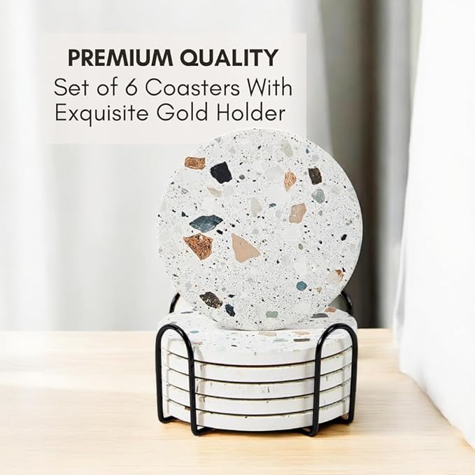 Terrazzo Coasters Set of 6, Ceramic Absorbent Drink Coasters, Cute Moisture Absorbing Coaster, Coffee Table Desk Decor, Colorful Stone Coaster for Drinks (Granite with Black Holder)