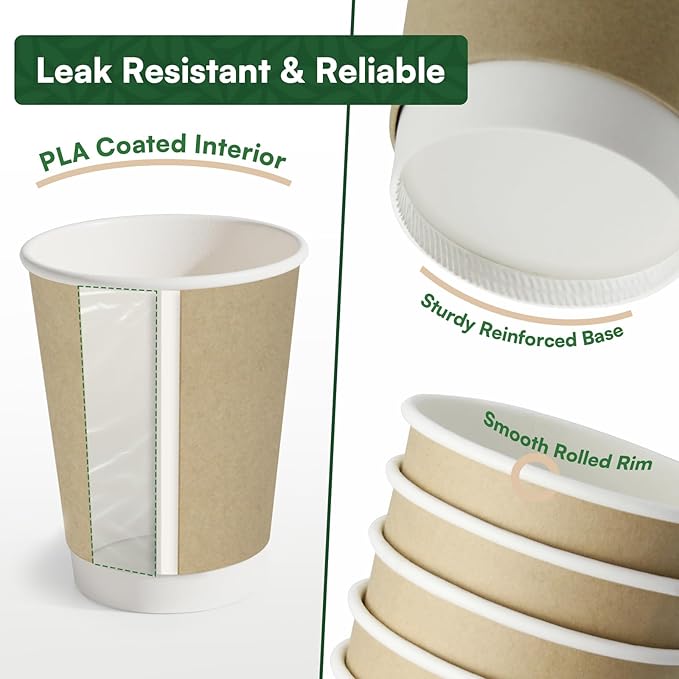 To Go Coffee Cups with Lids 16 oz Paper Cups,50 Pack Insulated Compostable Hot Cups with Lids, BPI Certified Natural Kraft Double Wall Disposable Coffee Cups for Everyday Togo Office Coffee Bar Supply