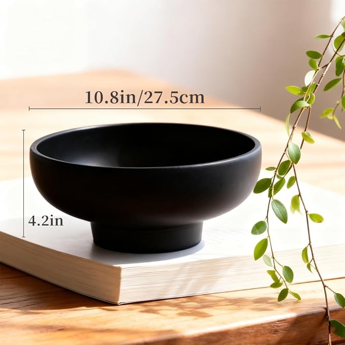 Black Decorative Pedestal Bowl 10.8in, Food Safe Resin Fruit Bowl for Kitchen Counter, Modern Centerpiece Dish for Coffee Table Dining Table, Entryway Key Catchall, Matte Finish